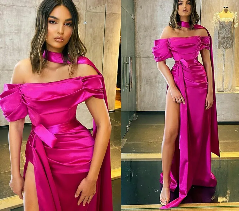 Sexy Fuchsia High Side Split Abendkleid 2021 Off Schulter Kurzarm Prom Party Kleid Arabisch Dubai Robe De Soiree