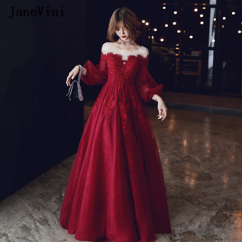 Janevini-vestido de baile longo borgonha com mangas inchadas, elegante vestido de noite feminino com decote em concha, 2020