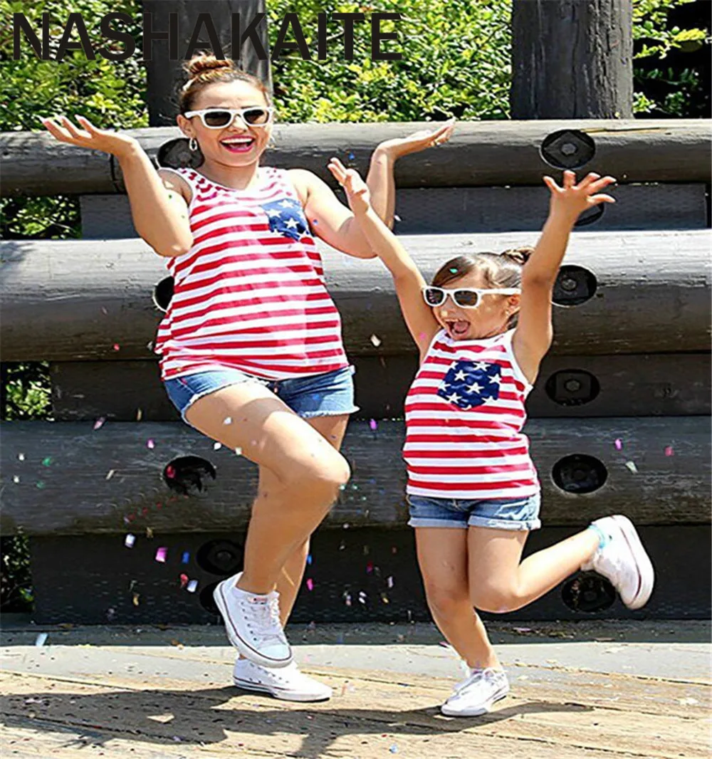 NASHAKAITE 2021 Mommy And Daughter Matching Clothes independence Day Stripe Clothes For Mommy And Me Mother And Daughter Clothes