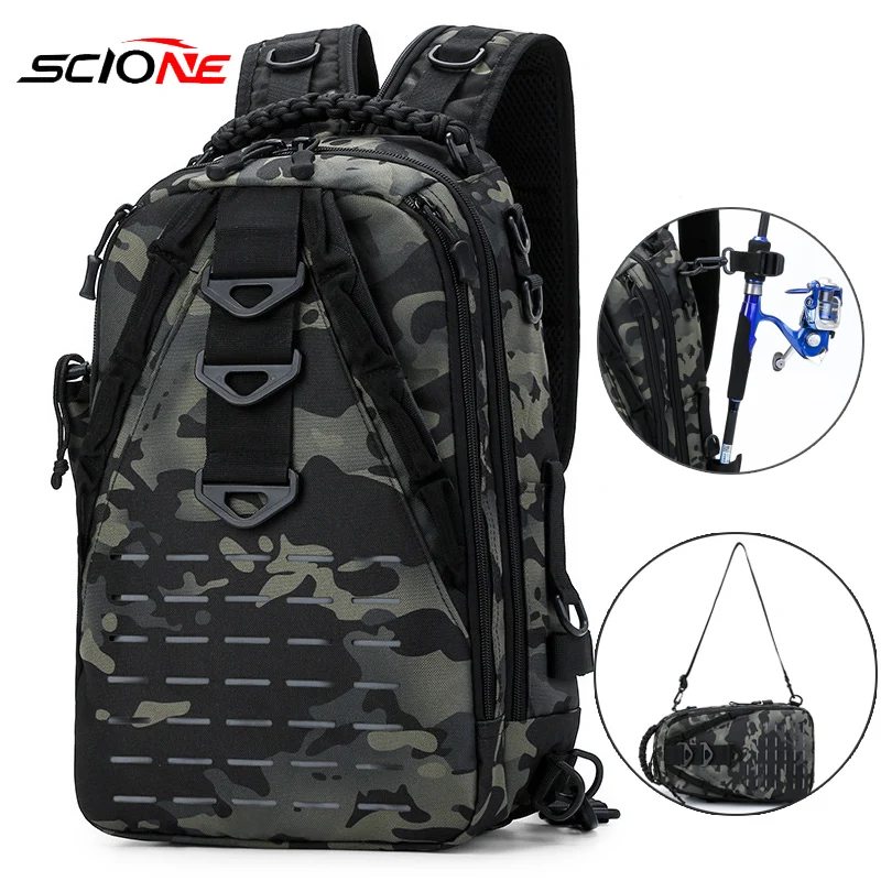 Laser Fishing Rod Backpack Lure Bag Outdoor Tactical Camouflage Camping Hiking Fishing Box Accessories Bag Sling XA264G