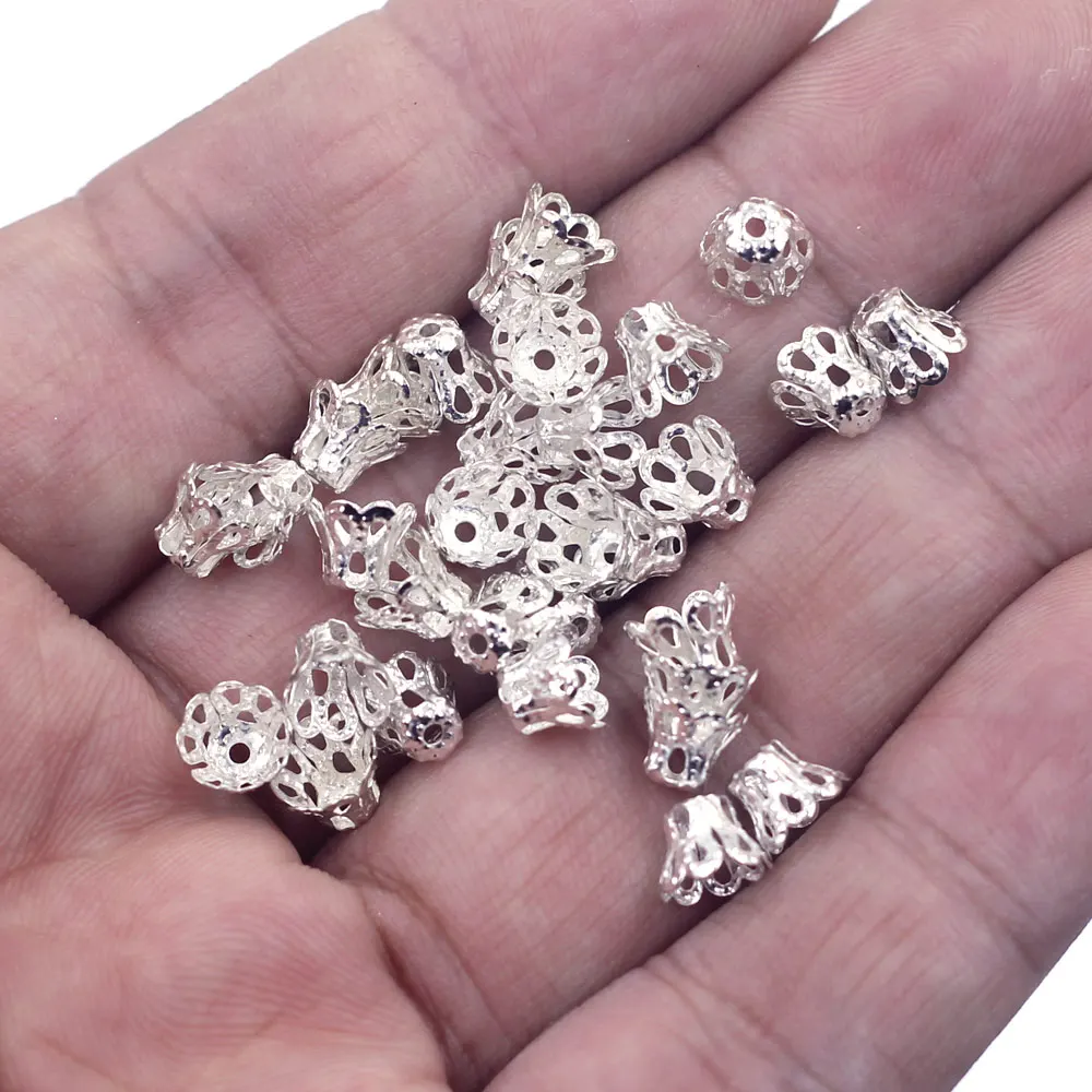 100Pcs End Beads Cap Flowers Hollow Alloy Silver Plated Jewelry DIY Making Findings 6x5mm