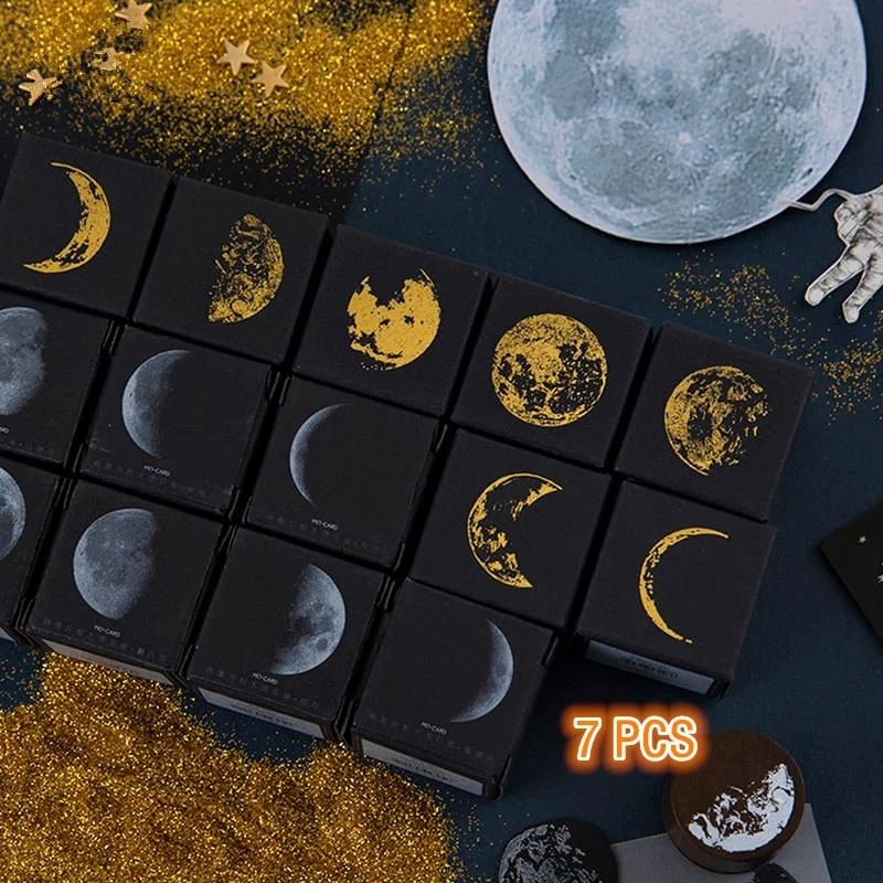 7Pcs Phases of The Moon Wooden Rubber Stamps, Decorative Mounted Rubber Stamp Set for DIY Craft, Letters Diary and Scrapbooking