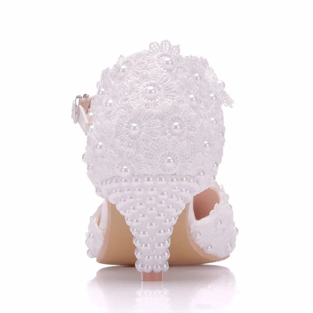 Crystal Queen Women White Lace Wedding Shoes 5CM High Heels Pumps Sweet Princess Party Mary Janes