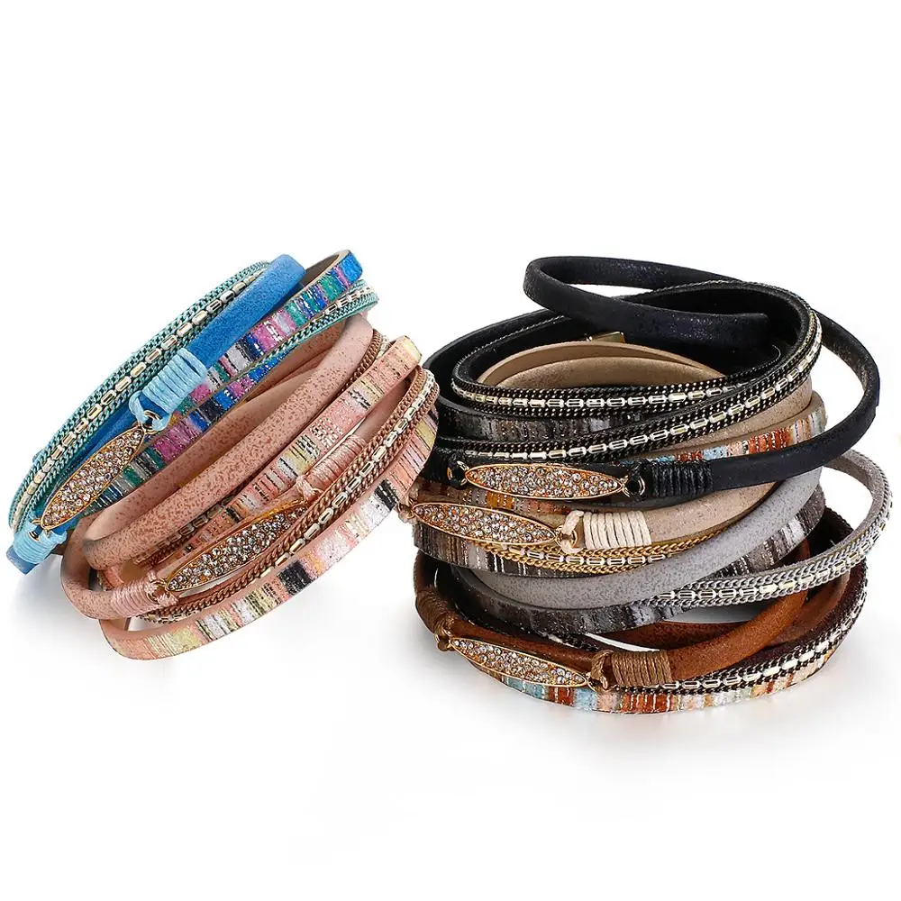 

Amorcome Sparkling Rhinestones Gem-Inlaid Metal Jewelry Vintage Stone Striped Leather Bracelet Fashionable Double Wrap Bracelet