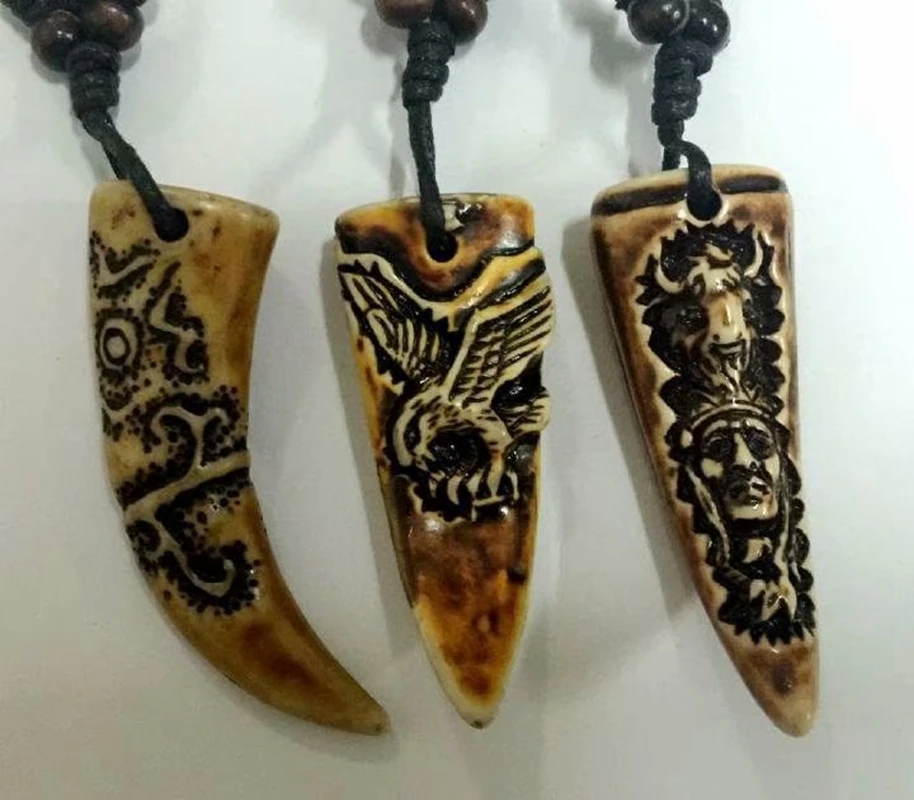 10 pcs Necklace hand-carved statue Cool Boy Men's Imitation Vintage Yak Bone Carved Dragon Hawk Chief Amulet Adjustable Rope Gif