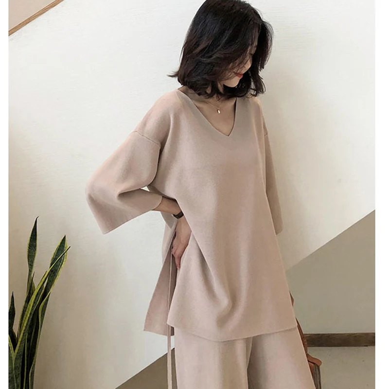 

Knitted Pullover V-neck Sweater Autumn Long Sleeve Bandage Top Wide Leg Pants Suit Knitting Female Sweater Pantsuit 2pcs kz095