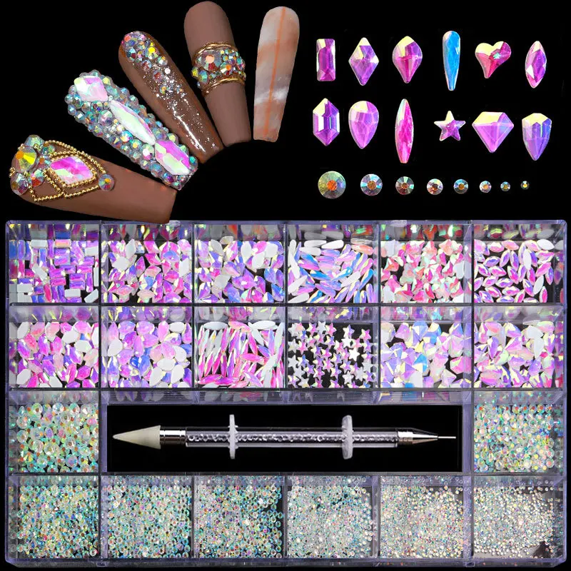 3100 Pcs Various Shapes Crystal AB Nail Rhinestones Set Multi Size Diamond Nail Art Decoration With Pick Up Pen In 21 Grids Box