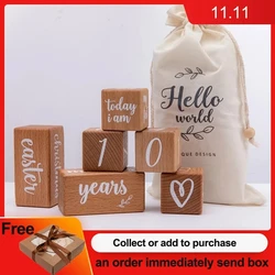 6pcs/1Set Baby Month Milestone Card Beech Block Square Engraved Newborn Birth Month Birthday Milestones Block Photography Props