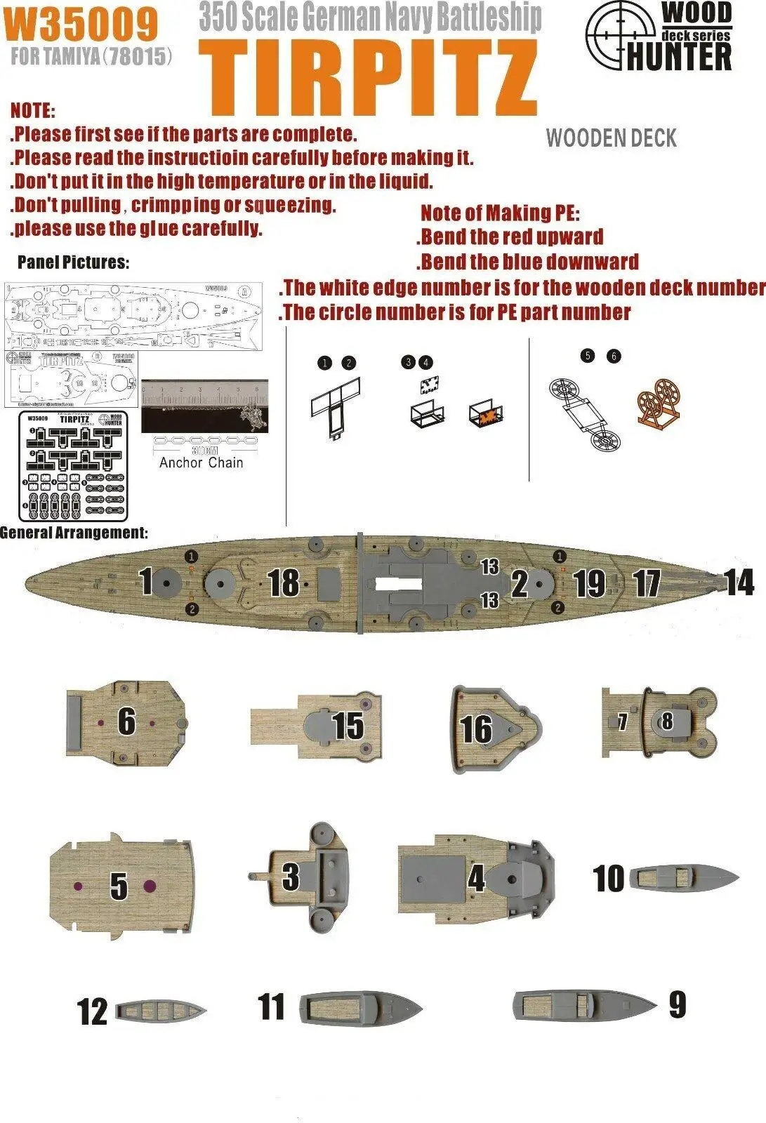 Hunter-cubierta de madera 1/350 W35009, Tirpitz alemán para Tamiya, alta calidad