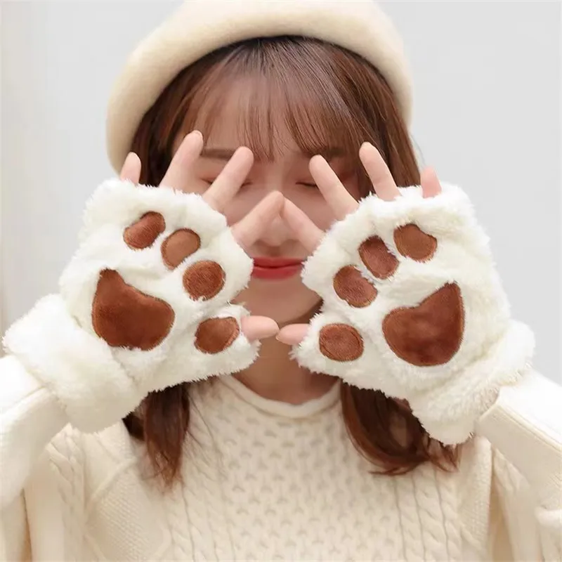 Women Plush Cat Paw Claw Gloves Faux Fur Winter Kitten Fingerless Mittens Gloves Cute Half Finger Gloves Costume Accessories