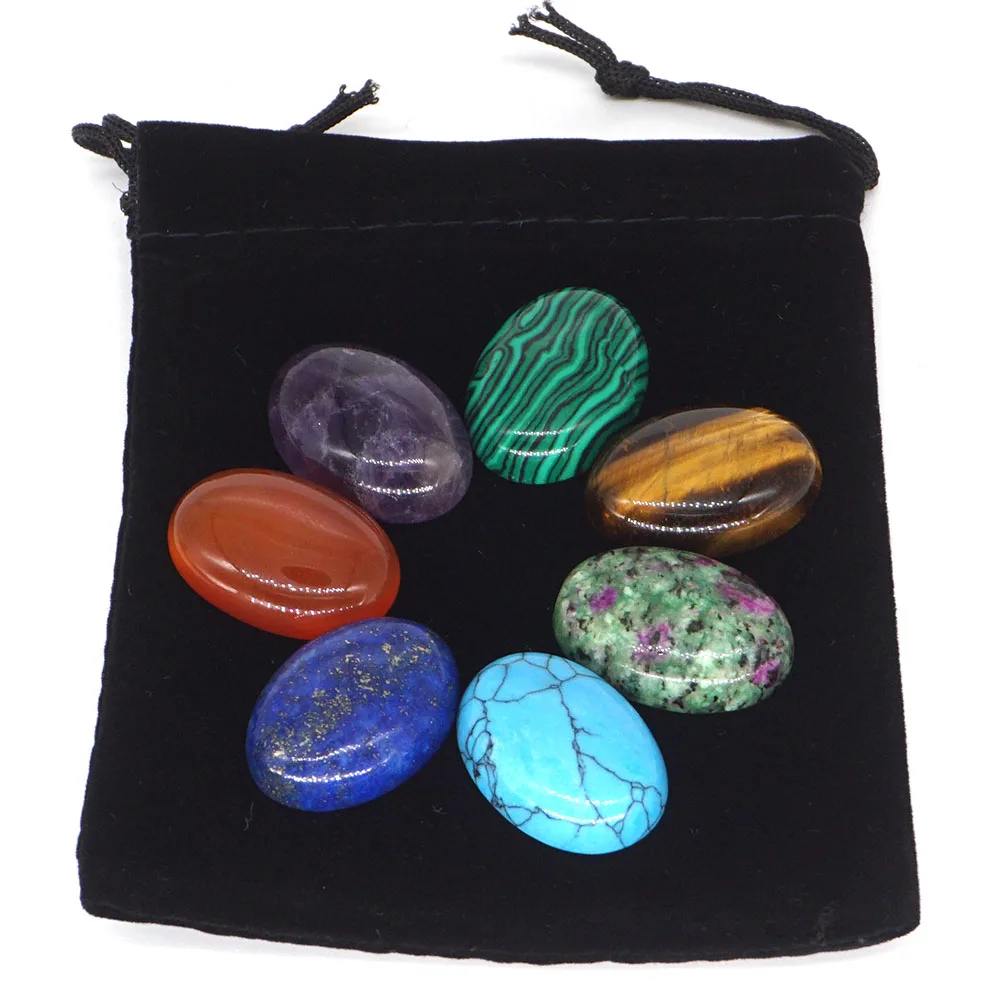 7 Chakra Gemstone Engraved Reiki Healing Quartz Crystal Oval Cabochon Flat Worry Spiritual Stones 1 Set