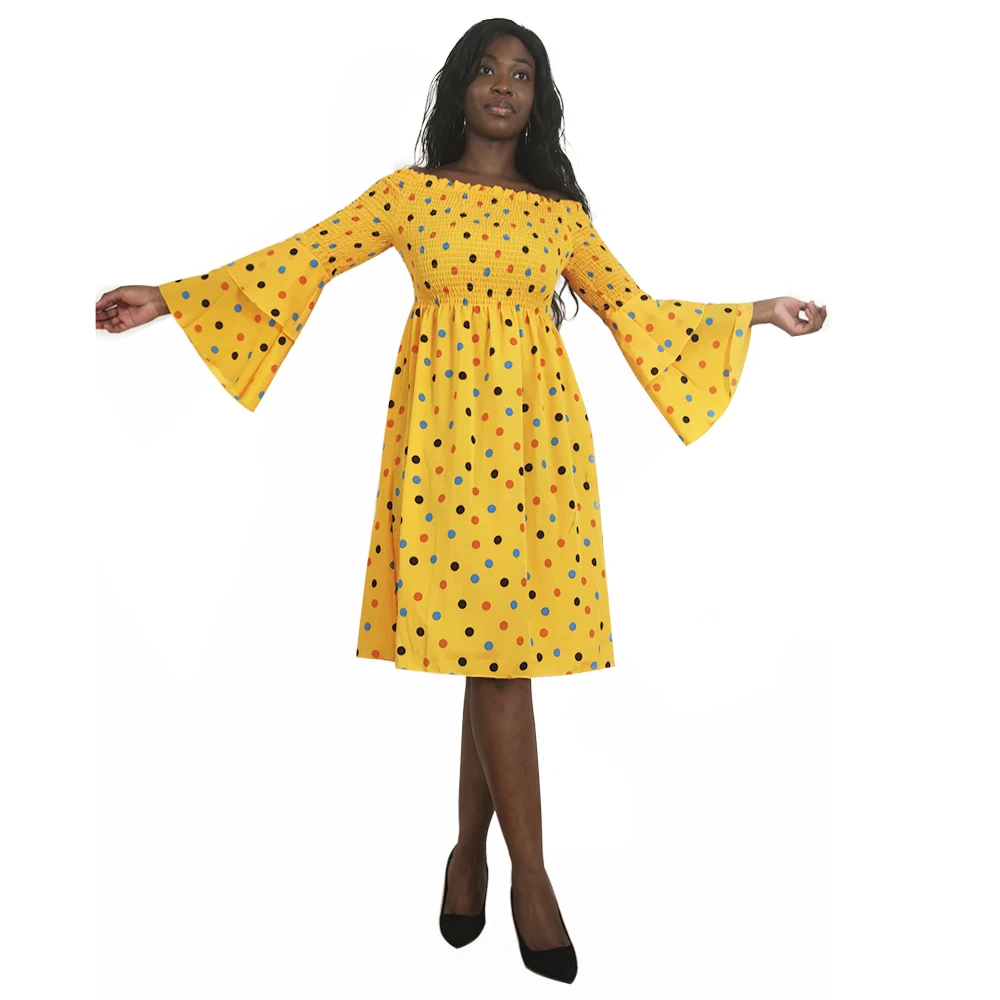 Dashikiage African Dresses For Women Femme Robe 2020 New Sexy Long Flare Sleeve Dot Slash Neck Short Dress