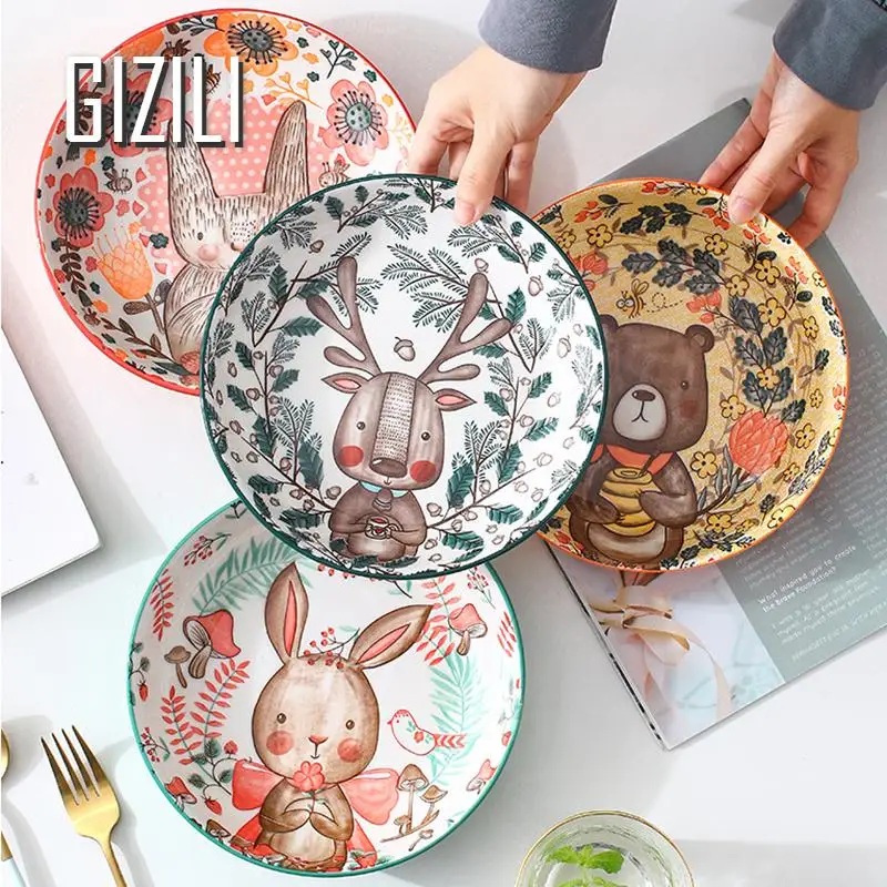 Nordic Tableware Creative 8-Inch Ceramic Plate Cute Cartoon Household Tray Western Food Salad Plate Deep Dish Kitchen Supplies