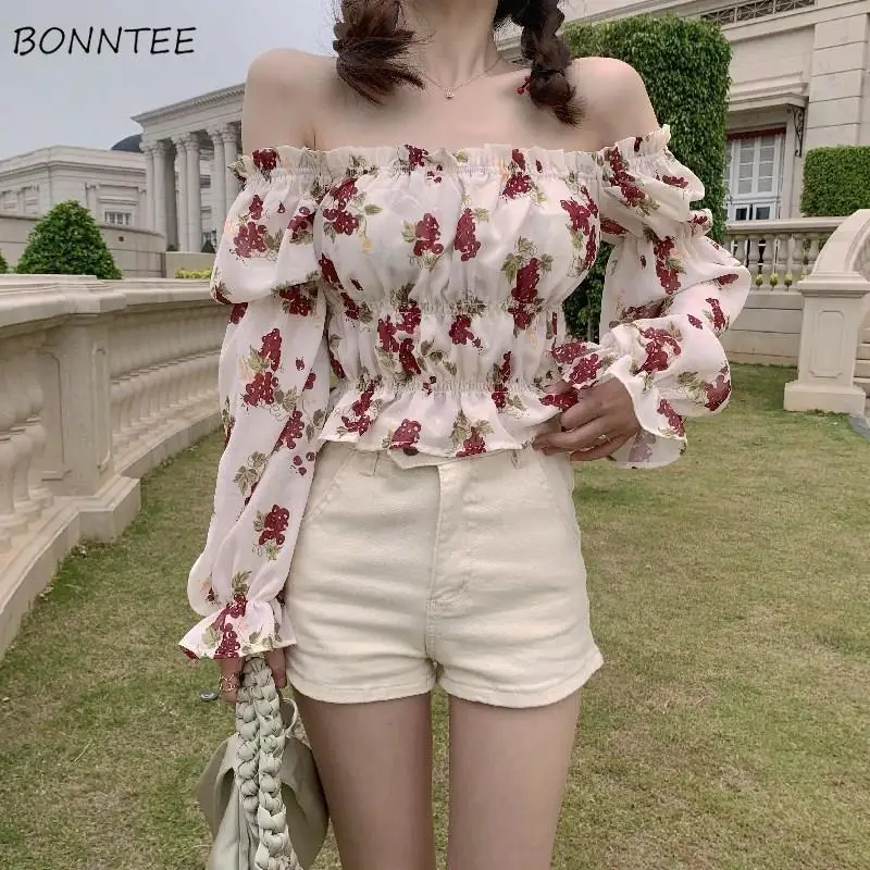 

Blouse Women Floral Slash Neck Sexy Ladies Vocation Sweet Girls All-match Simple Chic Harajuku Ulzzang Preppy Fashion Popular