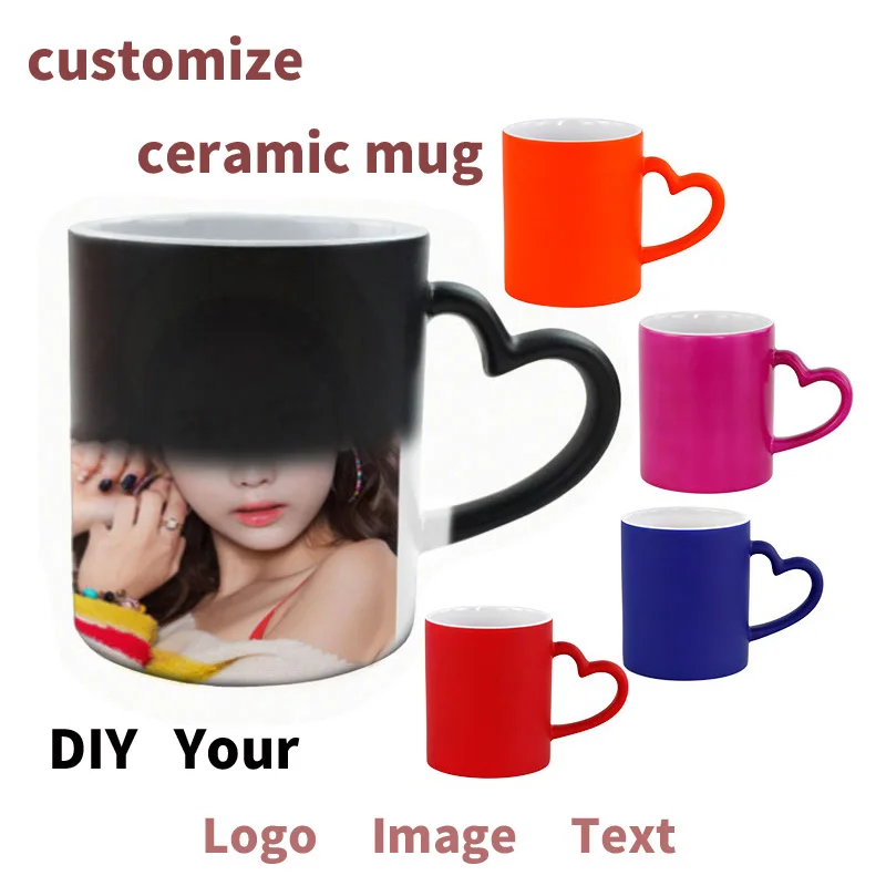 Diy Custom Matte  personalized Mug Hot Water Change Color Ceramic Cup Heart and Round Handles Print Logo Photo Text Gift