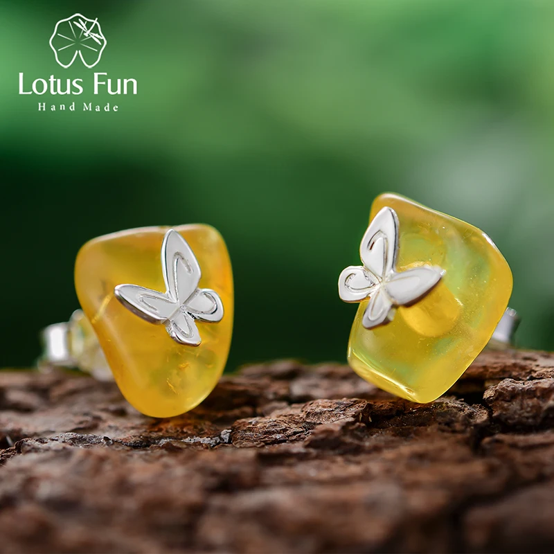 

Lotus Fun Real 925 Sterling Silver Natural Amber Stone Handmade Fine Jewelry Looking Back Butterfly Stud Earrings for Women