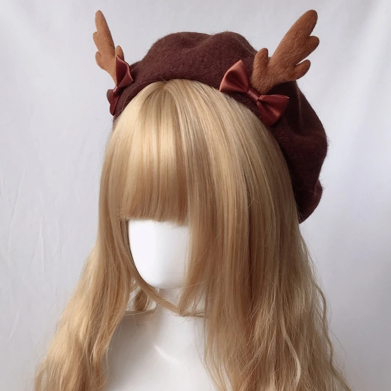 Women Kawaii Antler Beret Cap Christmas Cute Deer Antlers Wool Painter Hat Female Girls Vintage Lolita Warm Beanie Hat for Party