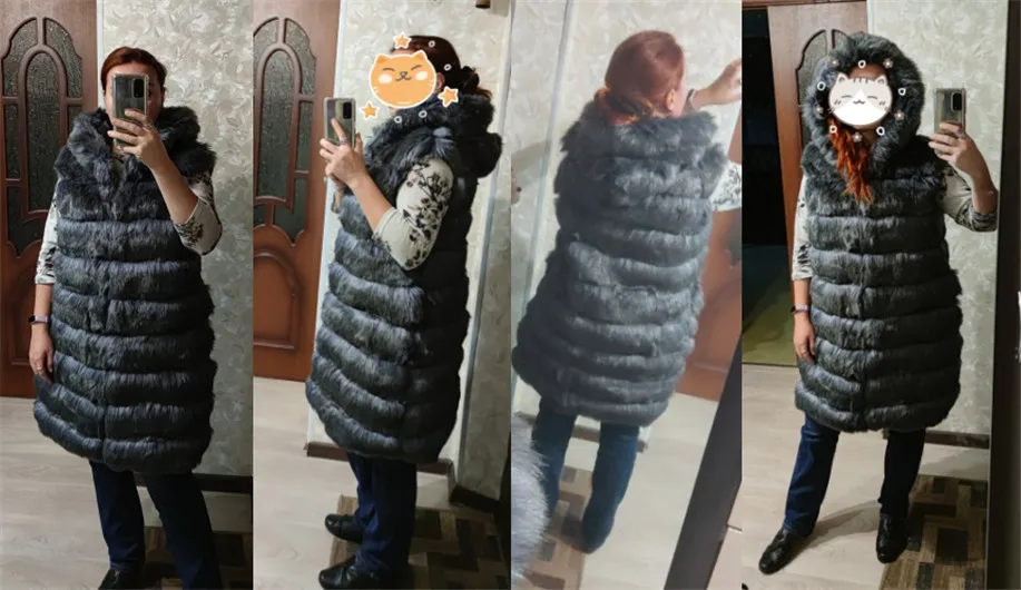 S-7XL Fashion Longer Faux Fox Mink Fur Vest With Hooded Female Winter Slims X-Long Fluffy Fake Fur Vests Fur Coat  Jackets J03