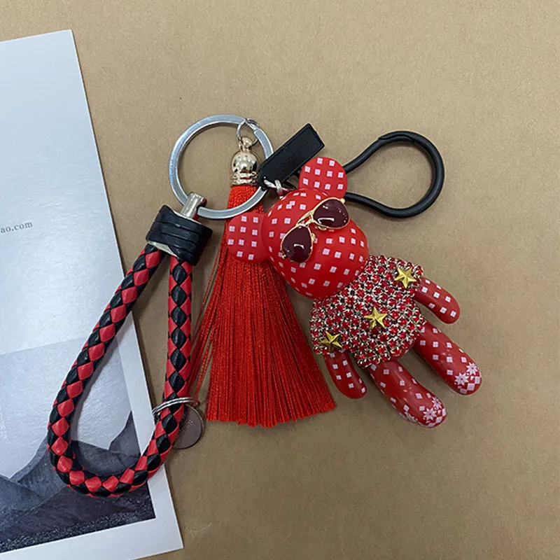 Leather Weave Rope Bomgom Popobe Gloomy Rhinestone Keychain Tassel Glasses Bear Key Chain Ring Holder Bag Charm Black Pendant