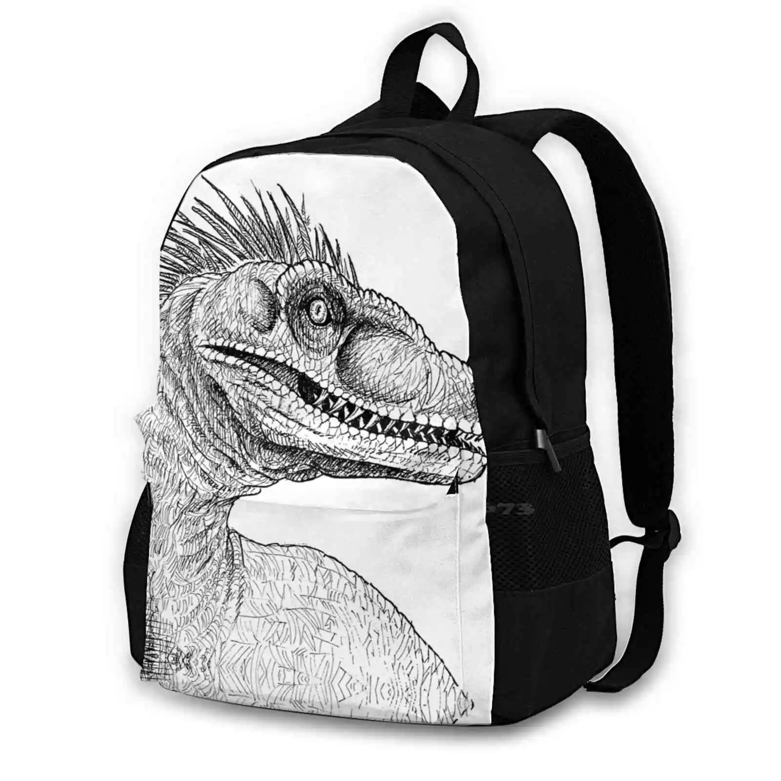 Raptor Pattern Design Bagpack School Bags Dinosaur Velociraptor Movie Fan Drawings Black Ink Prehistoric Lizard Reptile