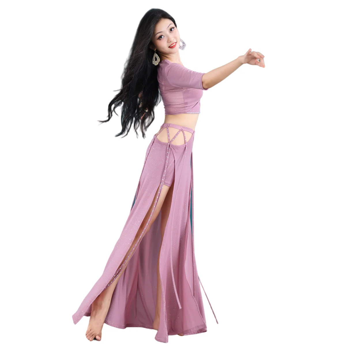 2022 Spring Women Belly Dance Costume 2 Piece Set Oriental Dance Performance Show Clothes Silver Shine Rhinstone Flowy Skirt Red