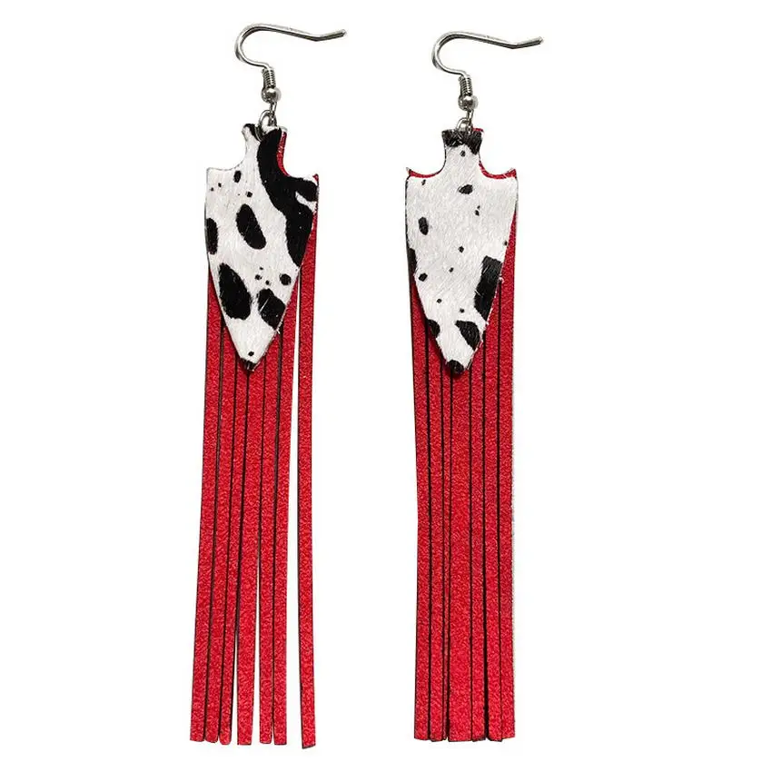 

Trendy Leopard Print Embossed Leather Arrowhead Drop Red Suede Fringe Boho Long Tassel Earring for Women 2022