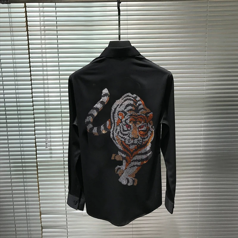 Young Original Men's T-Shirt Business Fashion Tops Button Lapel Long Sleeve Luxury Rhinestone Fabric Solid Color