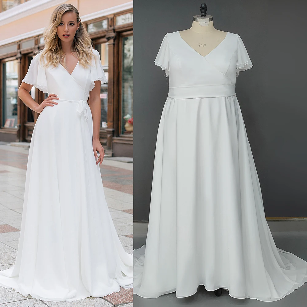 

Chiffon V-Neck Elegant Wedding Bridemaid Dress 2021 Plus Size Zipper Cap Flare Sleeves Plus Size Simple Bridal Gowns with Sash