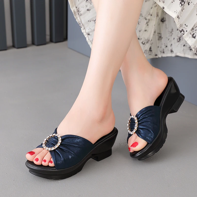 GKTINOO 2024 Summer Mid Heels Flip Flops Fashion Beach Shoes Woman Anti-slip Genuine Leather Sandals Women Slippers Shoe