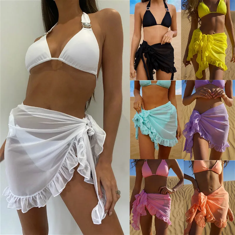

Women Sexy Mesh Sheer See-through Ruffle Mini Wrap Skirts Beach Cover Up Tassel Dress Bikini Bathing Suit Swimsuit Beachwear
