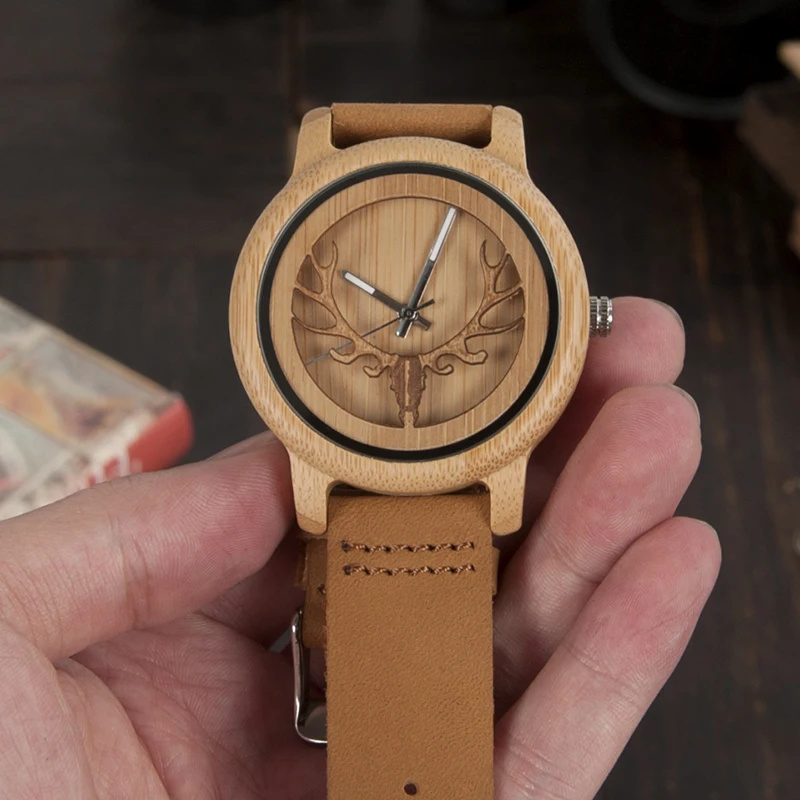 BOBO BIRD Bamboo Watch Men Wood Quartz Wristwatches With Deer Buck Head Design Real Leather Band Customize Relogio Drop Shipping