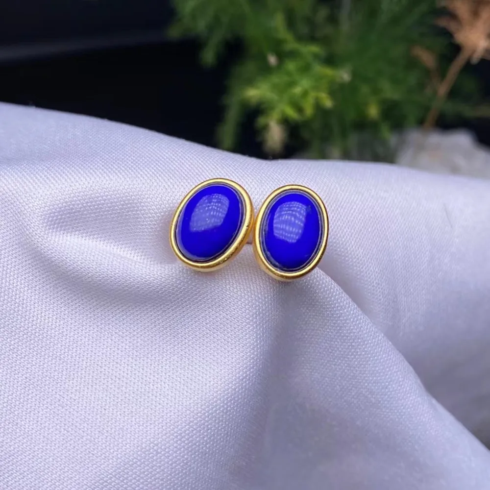 

925 Sterling Silver Gold-Plated Inlay Natural 6 * 8mm Lapis Earrings Shiny Clean And Non-Hybrid Imperial Qing Female Jewelry