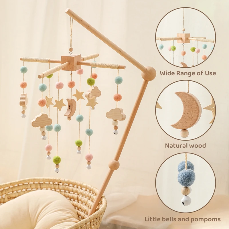 Cloche de lit en bois pour bébé, 1 pièce, support mobile, hochets en forme d'étoile et de lune, boule en peluche, jouets musicaux pour nourrissons, cloche rotative, cadeau de naissance pour bébé