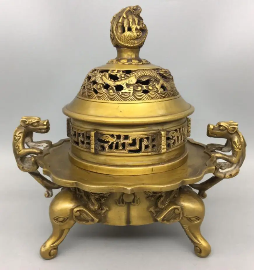 

China brass double dragon ear Incense burner crafts statue