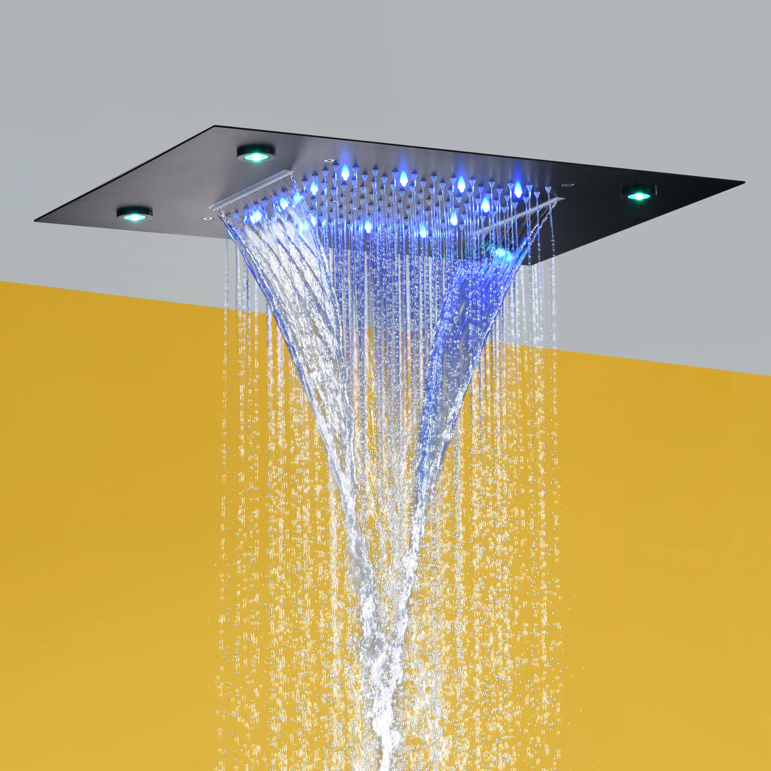 

Black Bathroom Shower Head 100V~240V Alternating Current Colorful LED Bathroom Top Rain And Waterfall Shower Mixer Set