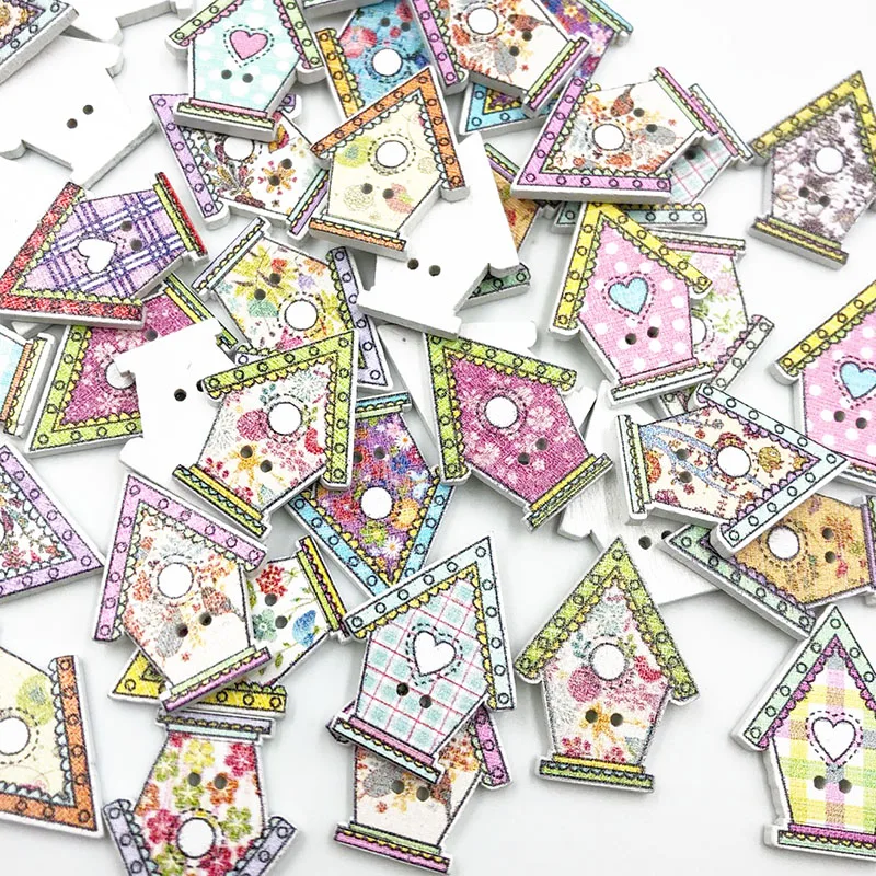 25/50/100pcs Mix House Wood Buttons 2Holes Sewing Crafts Accessories WB702