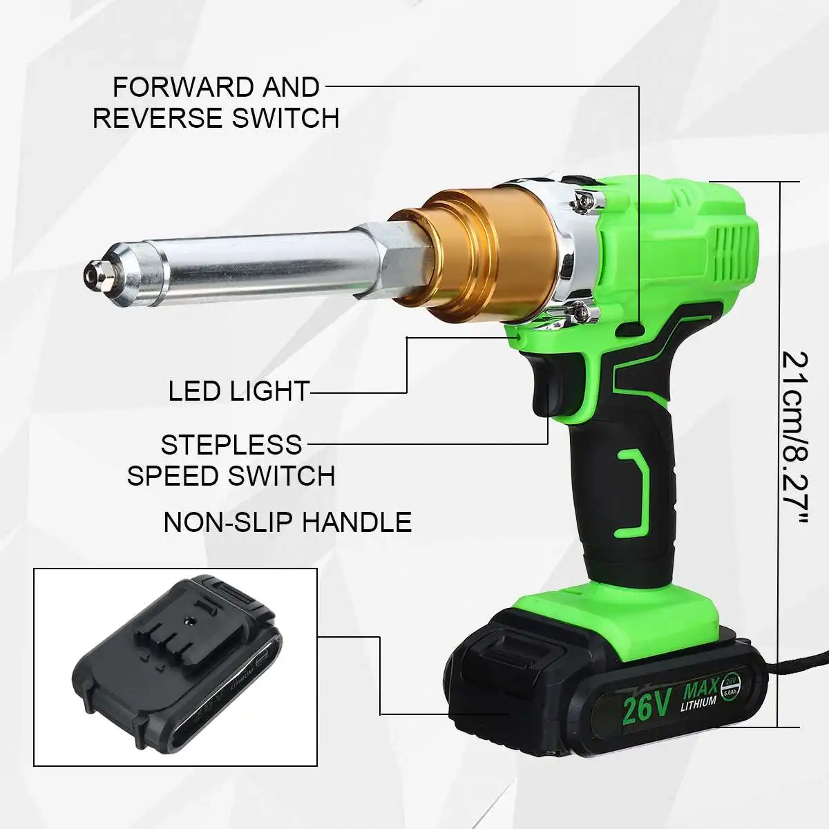26V Cordless Electric Rivet Gun 2.1mm Portable Electric Blind Riveter Screwdriver Rvet Nut With LED Light Rechargeable Battery