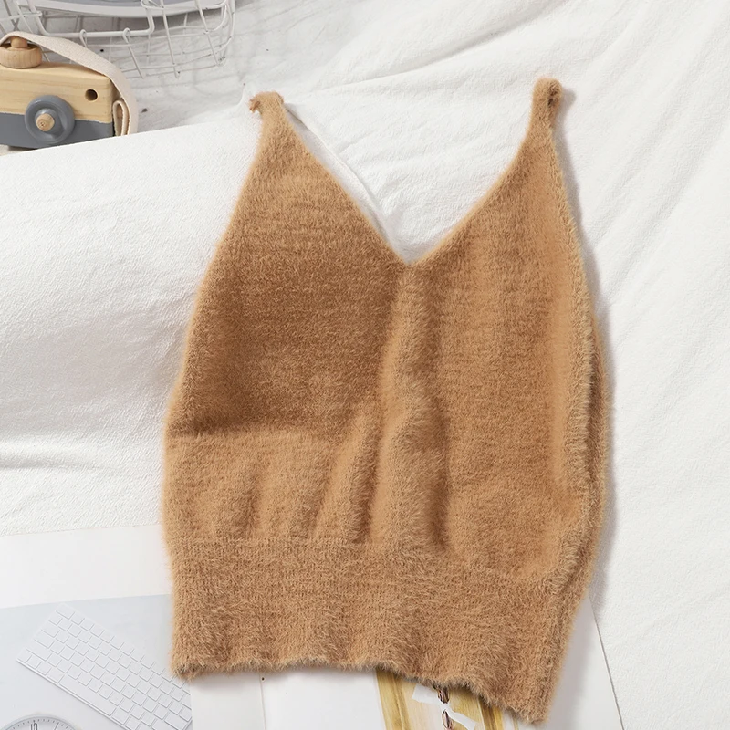 Pearl Diary Women Summer Solid Fuzzy Knitted Crop Tops V Neck Fluffy Plain Camis Straps Sexy Cosy Cropped Tops Korean Styles