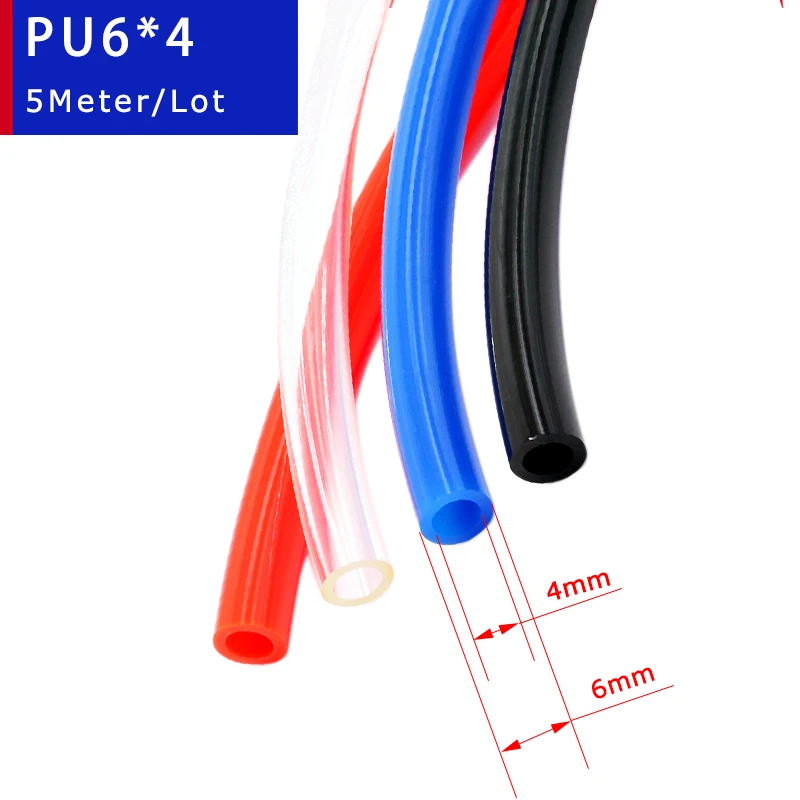 High Quality 5 Meters PU6*4 Pneumatic Hose Red Black Blue Transparent Compressor Tube ID 4mm OD 6mm Air Hose For Compressor