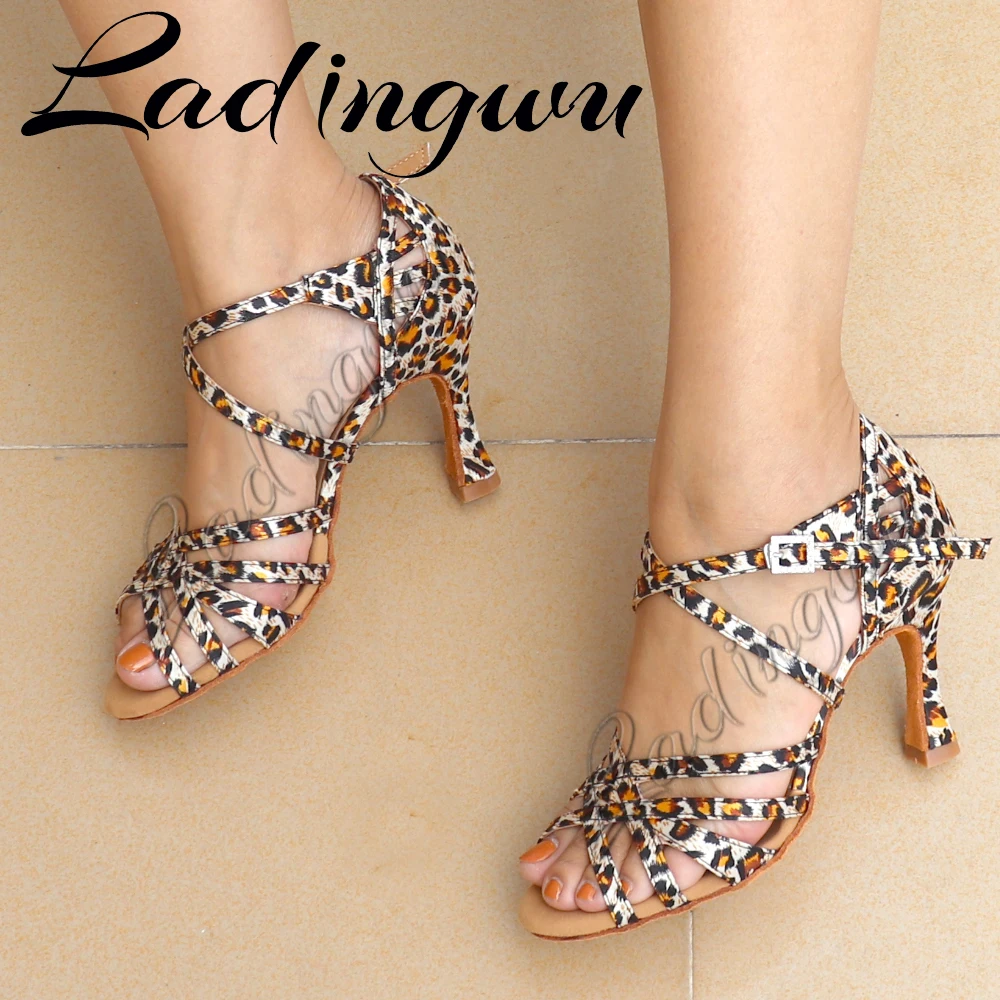 Ladingwu Classic Five Straps Latin Dance Shoes Women Salsa Tiger texture Satin Dance Shoes Girls Ladys Ballroom Dance Shoes