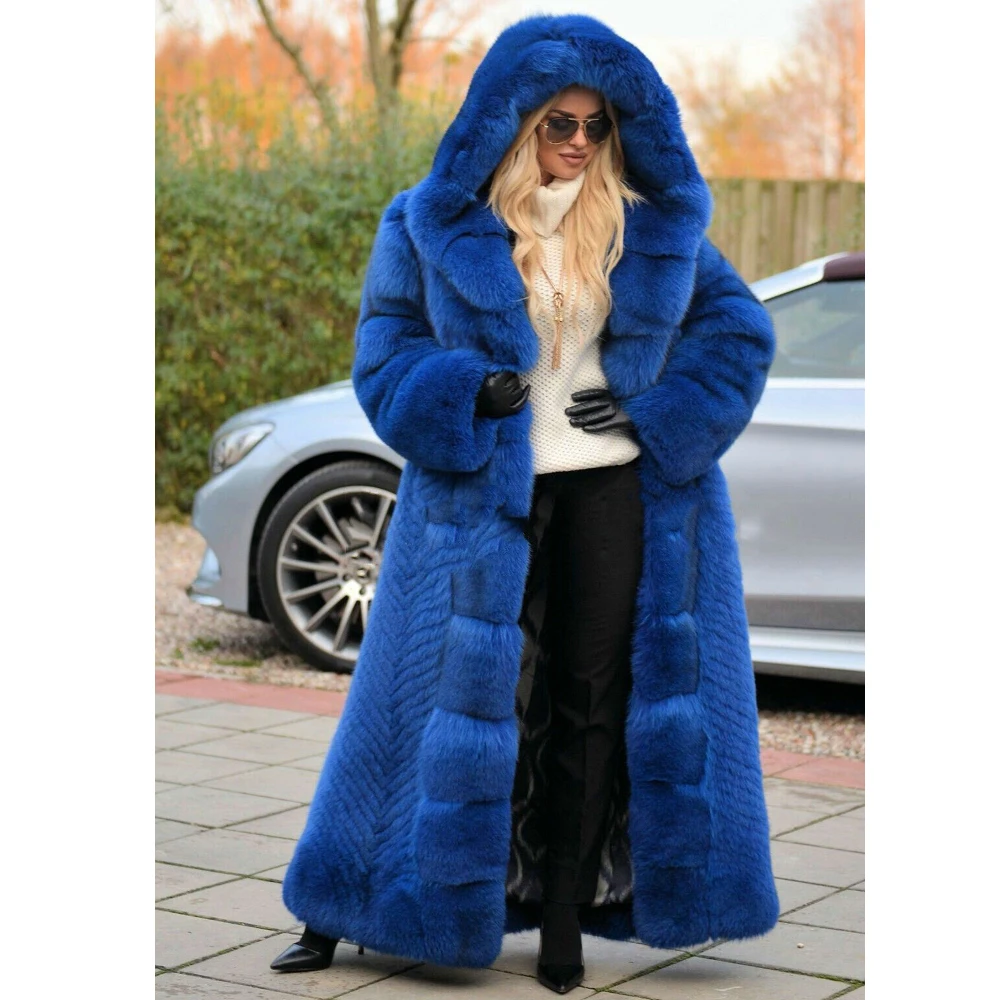 Royal Blue Long Fox Fur Coat Real Women Winter New High Quality Whole Skin Genuine Fox Fur Coats with Big Hood Thick Warm