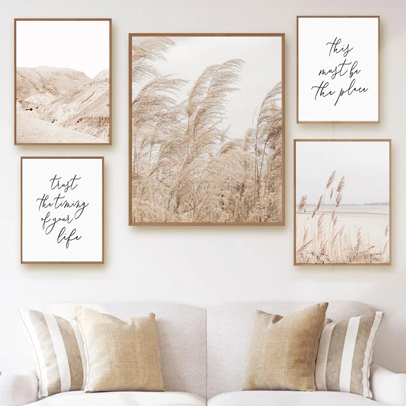 Desert Mountain Landscape Photo Posters and Prints Beige Neutral Boho Style Pampas Grass Canvas Painting Wall Art Pictures Decor
