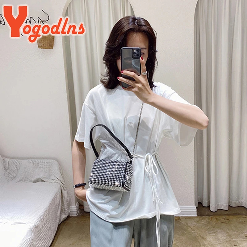 Yogodlns Fashion Bright Diamond Shoulder Bag Women PU Leather Pillow Bag Fashion Chains Messenger Handbag Elegant Crossbody Bag