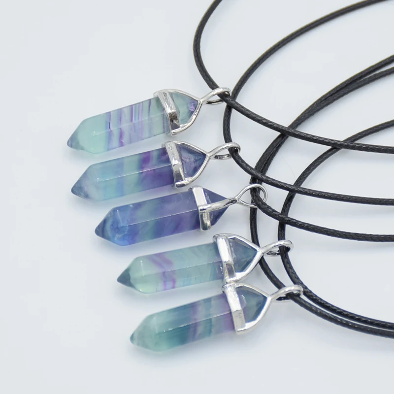 Natural Purple Green Fluorite Hexagonal Column Stone Necklaces Pendant Charms Vintage Choker Necklace Fashion Women Jewelry