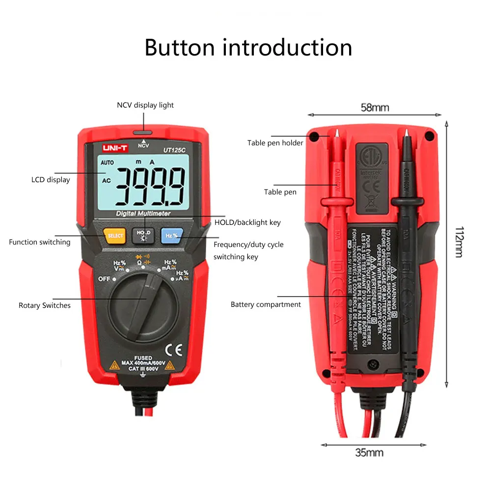 Mini multímetro digital UNI-T ut125c, testador de frequência e resistência a capacitância, proteção de sobrecarga com ferramenta de detecção sonoro, ncv