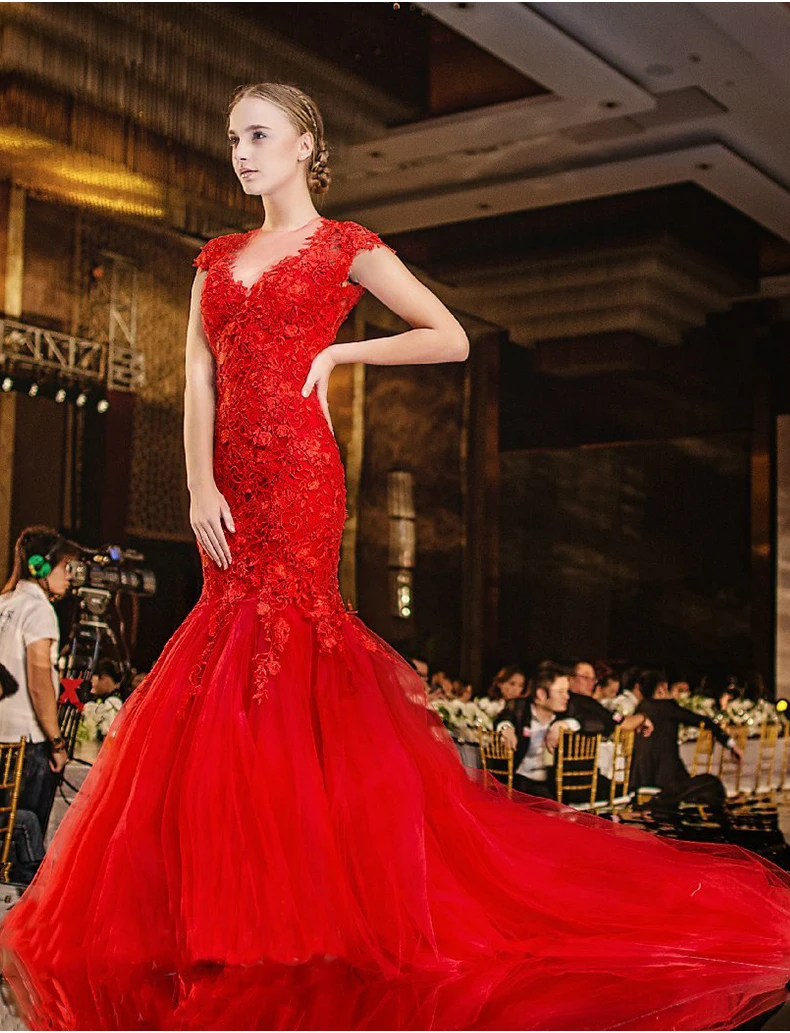 Jurk novo design sexy ver através de volta sereia laço vestido de noiva vestido de noiva vermelho robe de mariage vestidos de casamento sob medida