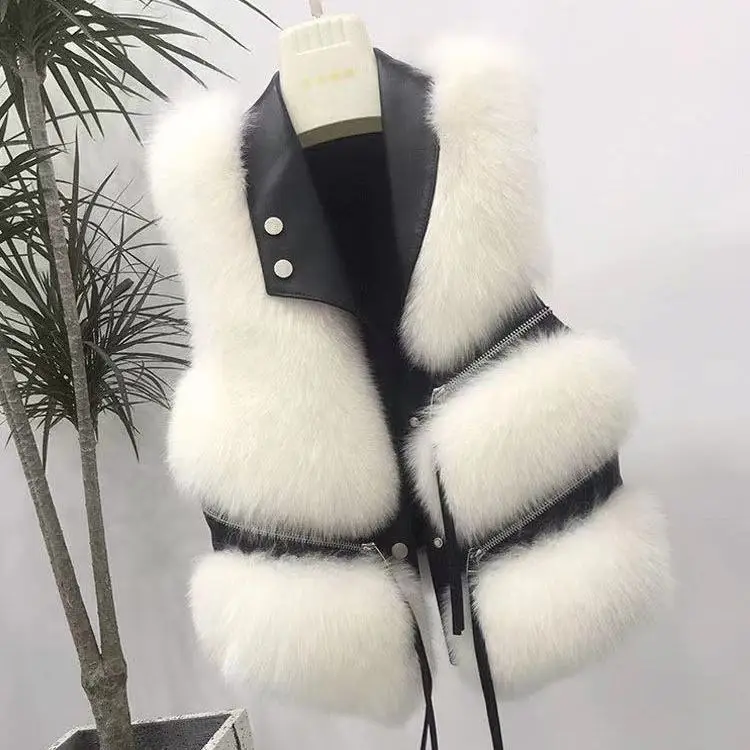 Faux Fur Vest coat women\'s Lapel sleeveless buckle Slim Fit Teddy coat 2021 high street plush fur one piece jacket