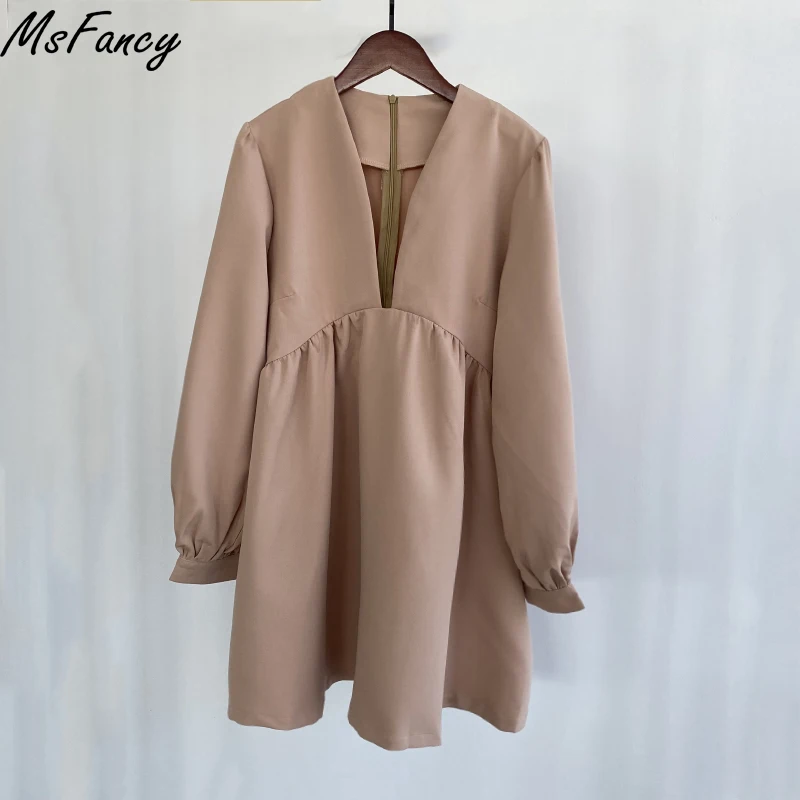 Msfancy-Mini Robe Rose pour Femme, Tunique à Col en V, Mode Coréenne, Manches Lanternes, Robe de Soirée, 2022