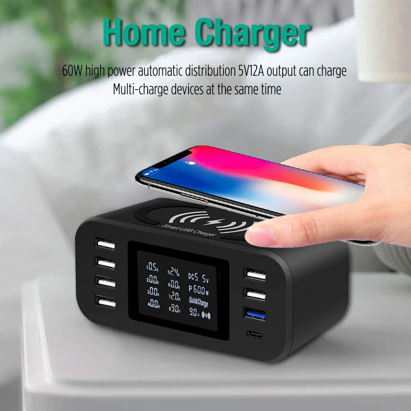 65W Multi USB Charger LED Display Station 15W Qi Wireless Charger For IPhone12 11 Pro QC 3.0 USB Charger For Samsung S9 S8 S20