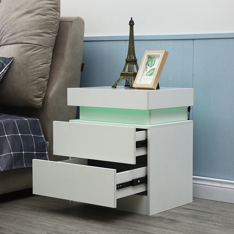 LED Night Table Modern Nightstand Bedside Table Drawers Organizer Storage Cabinet  Bedroom Furniture